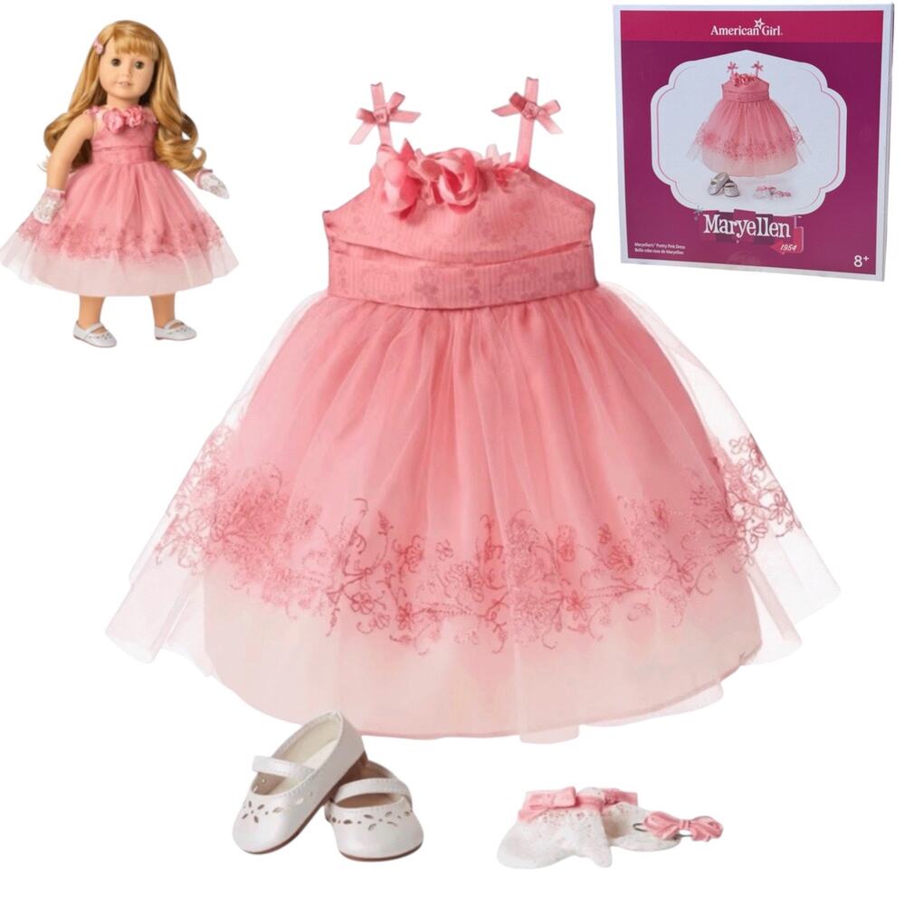 American Girl Maryellen Pink Dress Pink Bow Barrette Lace Gloves White Shoes Box